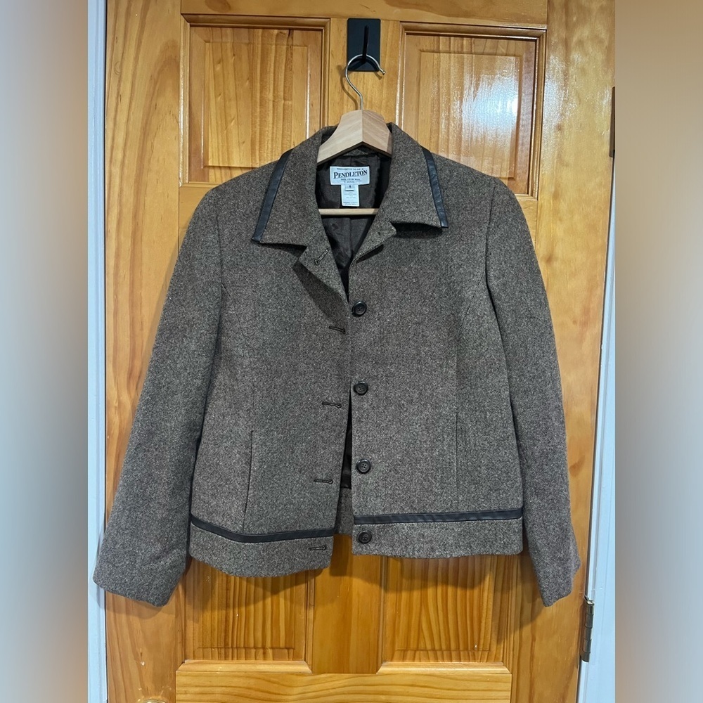 Vintage Two Piece Pendleton Career Textured Wool Leather Trim Blazer Skirt Set